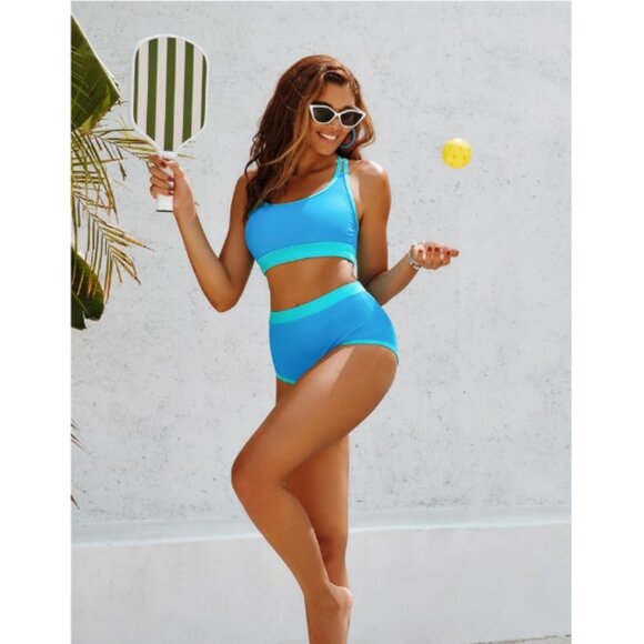 Hanna Nikole High Waisted 2 Piece Bikini Bottom/Top Blue Size Medium NWT - Picture 3 of 10